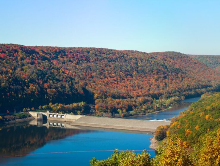 A far distance view of a forest area divided by a river and a dam. The forest has green, yellow, and red leaves on the trees.