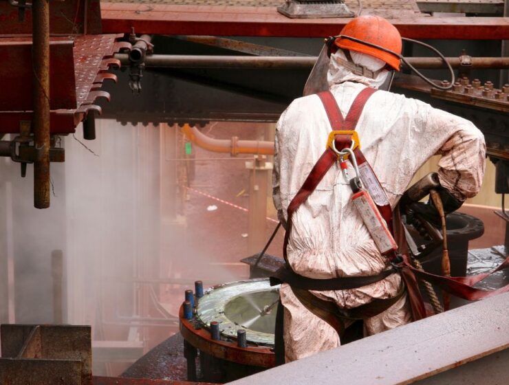 A man wearing a protective white suit. hard hat, and face shield operates a high-pressure washing system.