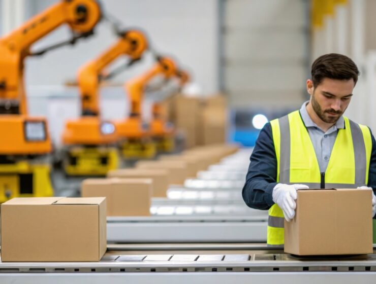 A man in a high-visibility vest inspects a box on a conveyor belt with more boxes and robotic arms behind him.