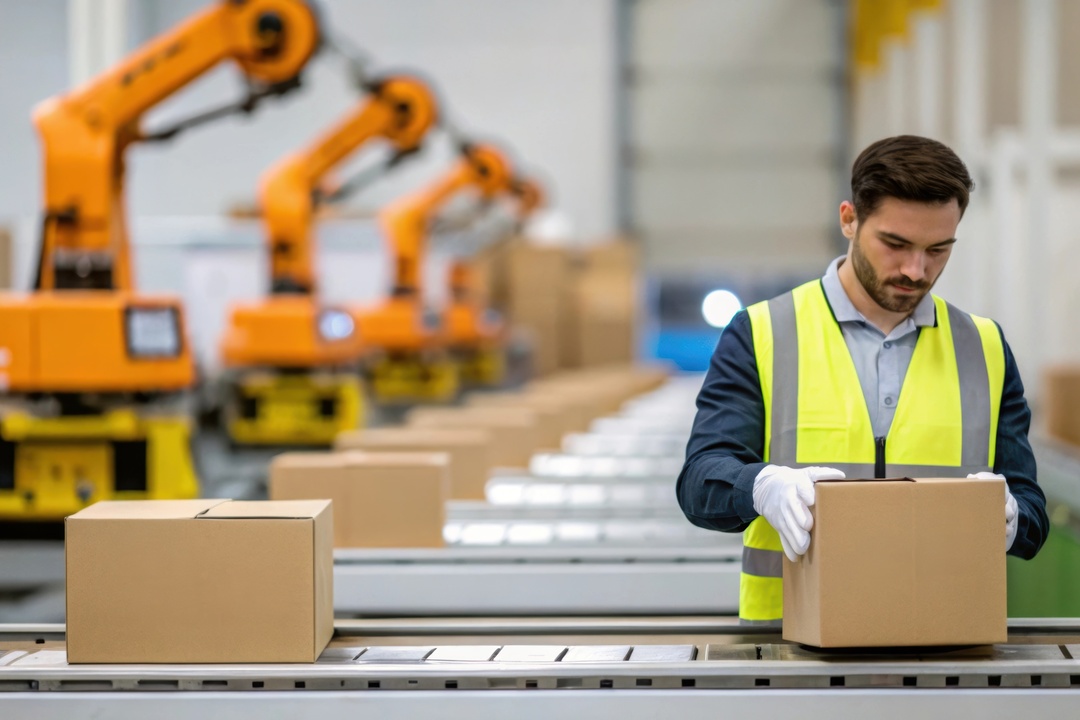 A man in a high-visibility vest inspects a box on a conveyor belt with more boxes and robotic arms behind him.