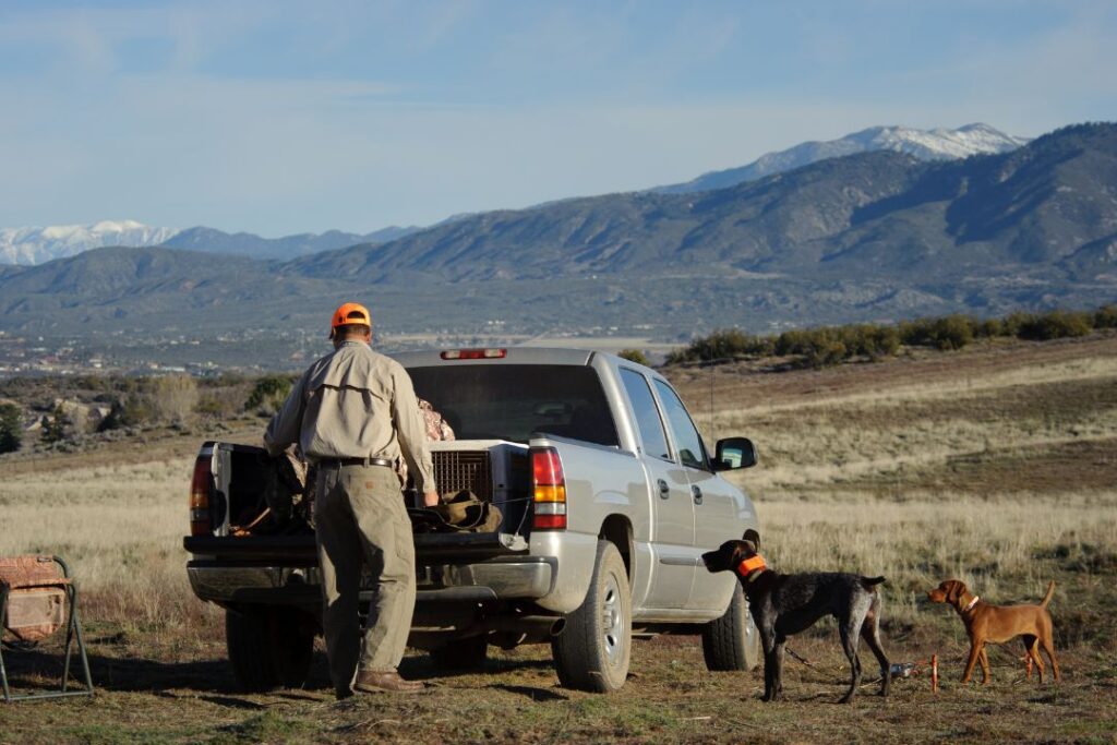 A hunter stands at a silver pickup truck's tailgate with gear as his two dogs wait beside him, mountains in the distance.