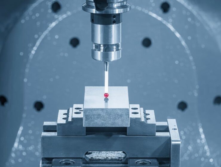 A stylus probe with a ruby tip measures a metal block clamped in a fixture inside a CMM chamber.