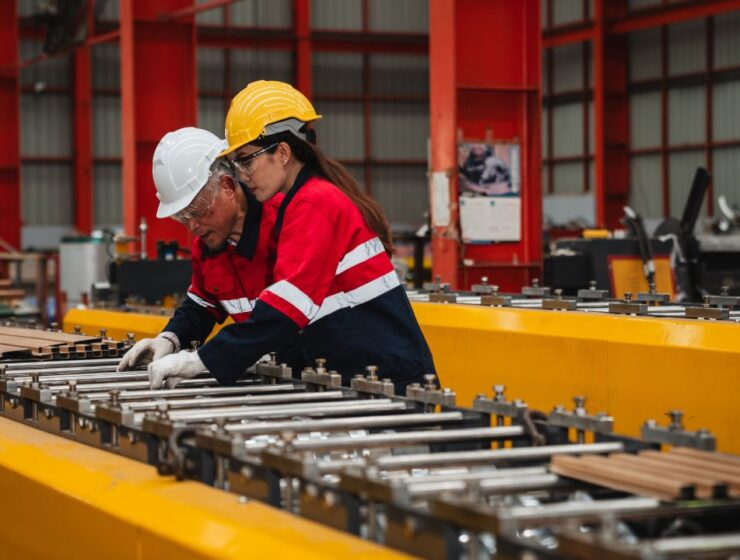 Two workers in hard hats and safety jackets stand in front of a roller conveyor. They inspect the rollers.