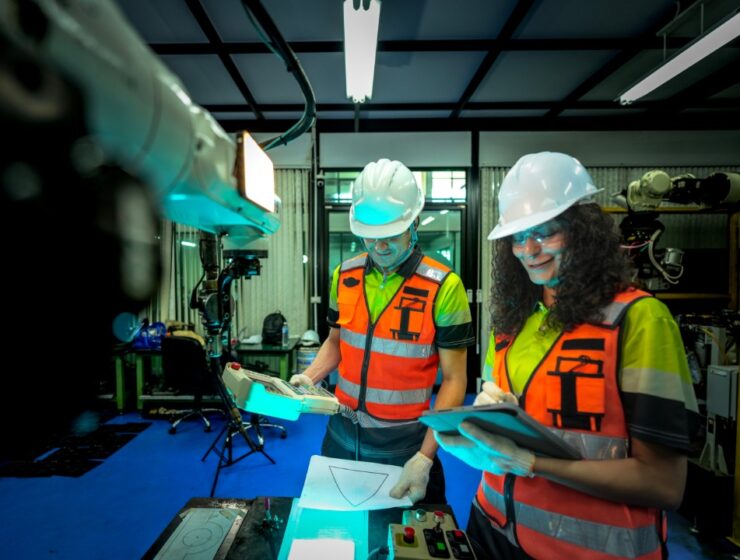 Two employees in white hard hats, safety glasses, and orange hi-vis vests work together in a control room.